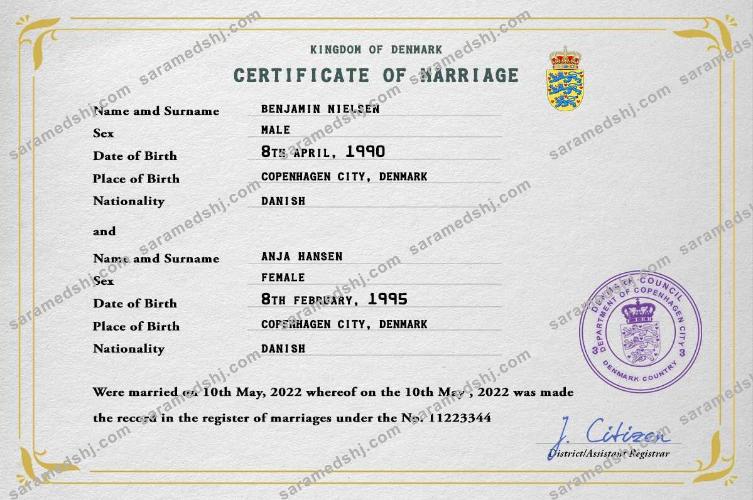 Denmark marriage certificate PSD template
